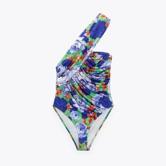 NWOT Zara multicolour floral print asymmetrical single strap ruched bodysuit, S - Picture 8 of 14